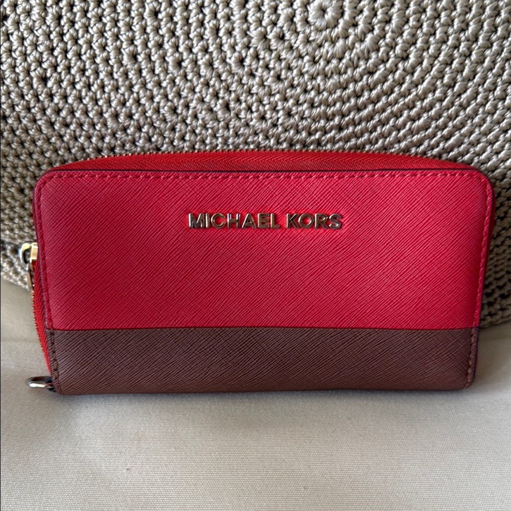 Michael Kors Red and Brown Colorblock Zip Wallet
